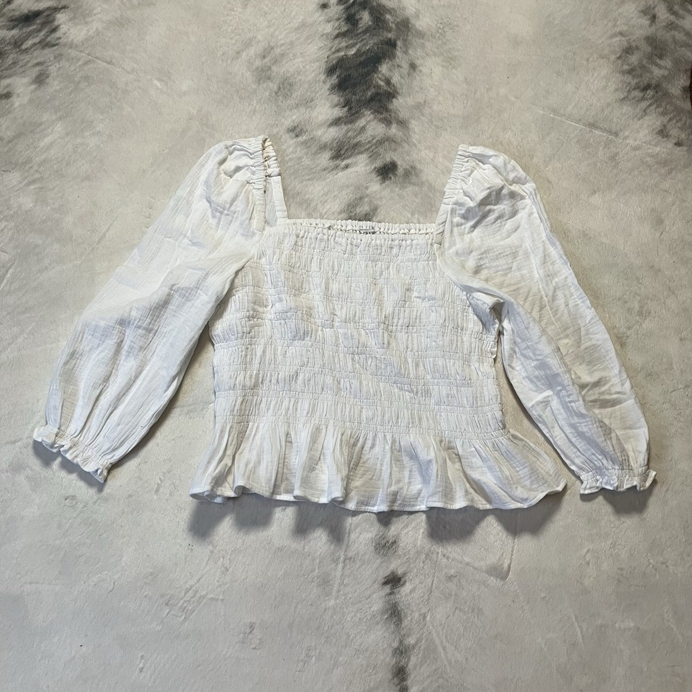 J Crew Shirt Womens Size 2X White Smocked Bodice Long Sleeve Square Neck